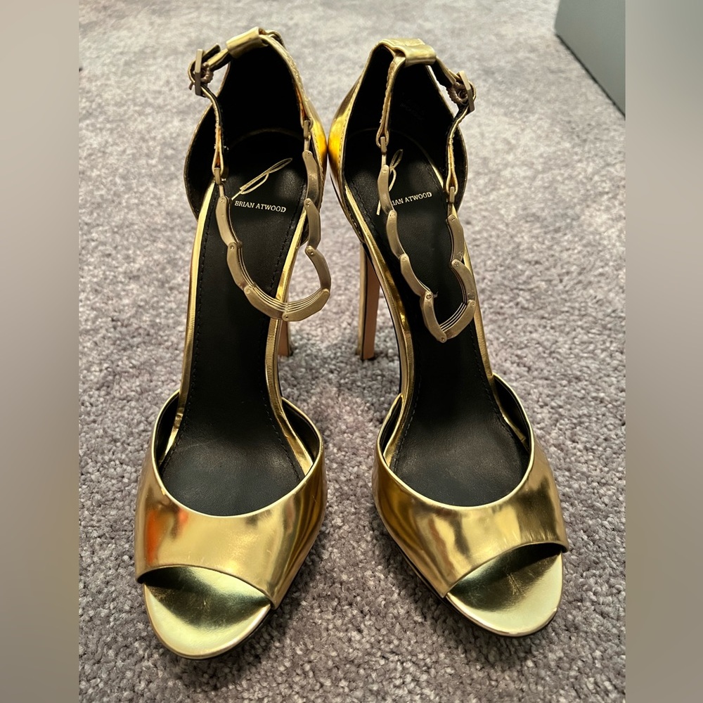 Brian Atwood gold leather open toes sandals